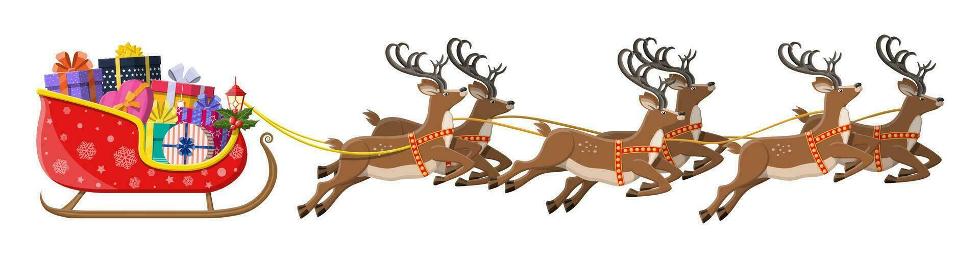 Santa Claus slitta pieno di i regali e il suo renne. contento nuovo anno decorazione. allegro Natale vacanza. nuovo anno e natale celebrazione. vettore illustrazione nel piatto stile