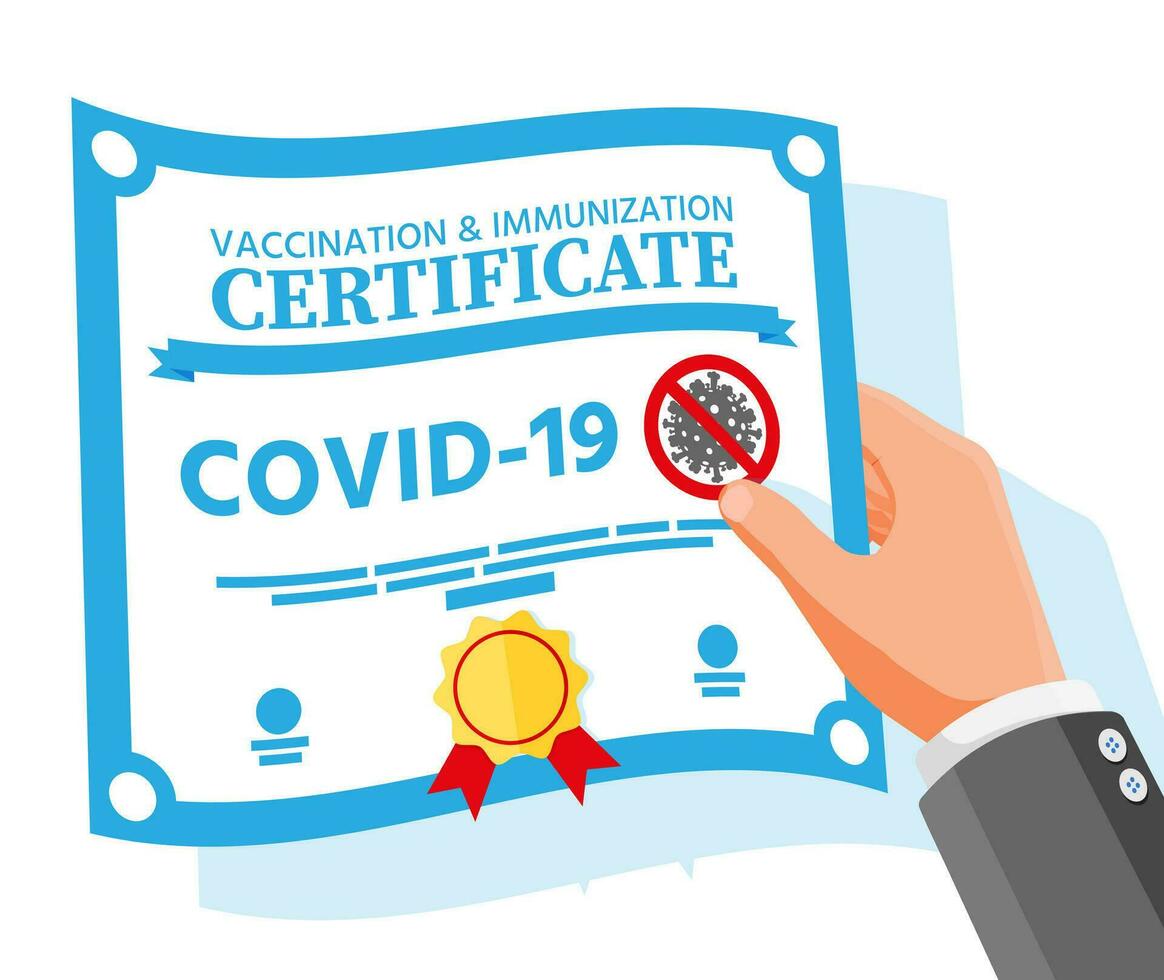 covid-19 vaccinazione passaporto nel mano. vaccinati Salute documento come prova persona è immune per patologia. coronavirus immune passaggio. corona virus vaccino certificazione concetto. piatto vettore illustrazione