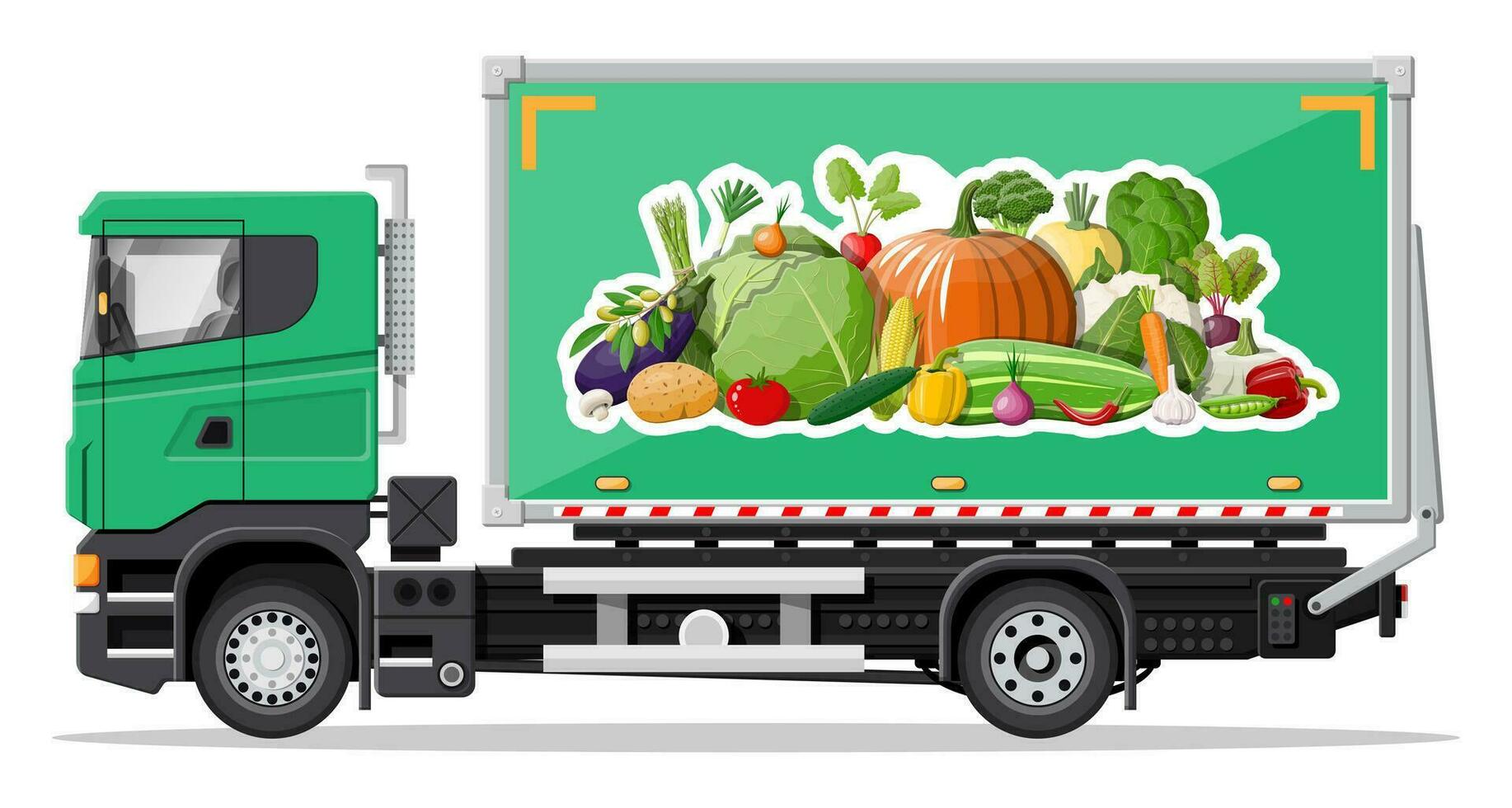 camion auto pieno di verdure prodotti. negozio e azienda agricola consegna servizio, fresco verdure. consegna e vendita naturale vegano azienda agricola cibo concetto. carico e logistico. cartone animato piatto vettore illustrazione