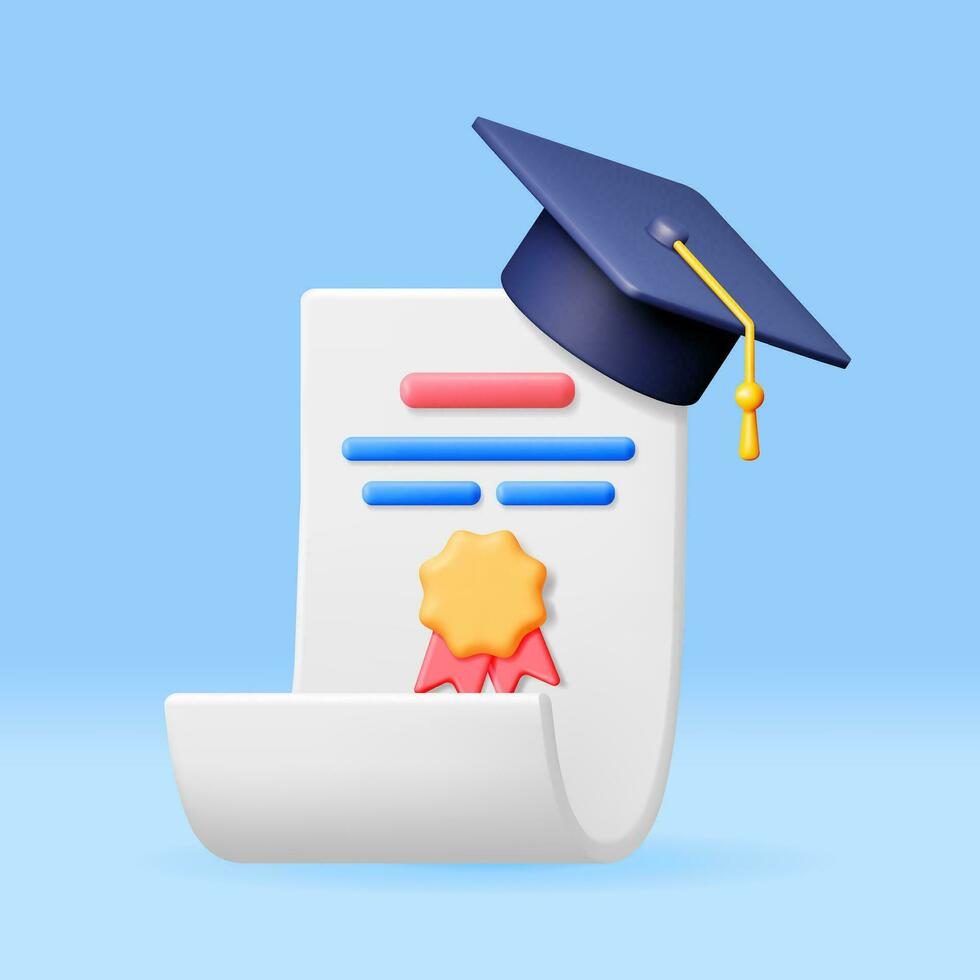 3d certificato con francobollo e la laurea cap. rendere bianca diploma con distintivo e formazione scolastica cappello. diploma o accreditamento. obbiettivo e risultato. attività commerciale la laurea concetto. vettore illustrazione