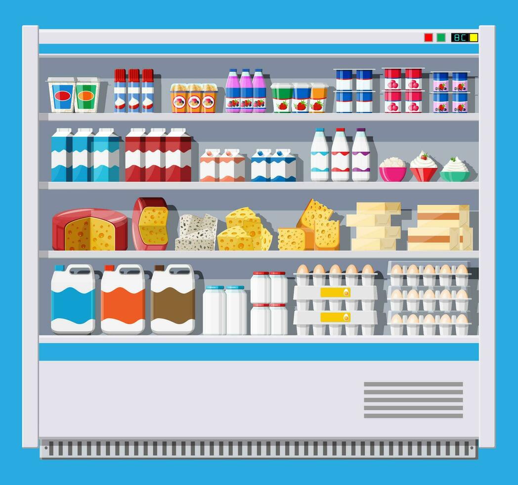 vetrina frigo per raffreddamento latteria prodotti. diverso colorato bottiglie e scatole nel frigo. frigorifero distributore raffreddamento macchina. latte, Yogurt, acida crema, formaggio, uova. piatto vettore illustrazione