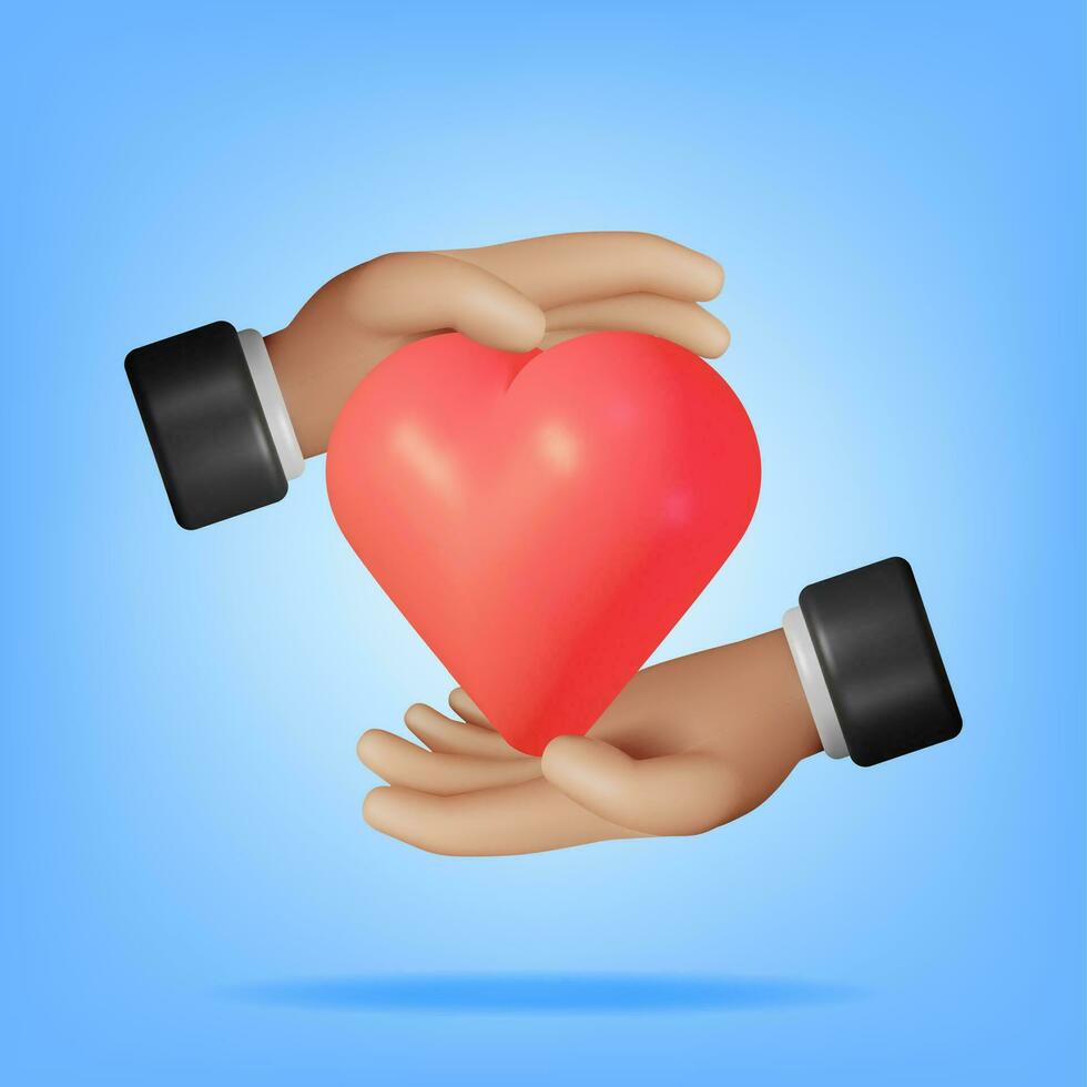 3d cuore forma nel umano mano isolato. rendere stilizzato cartone animato hyman palma Tenere cuore cartello. beneficenza, donazione, amore, aiuto, vita assicurazione e aiuto concetto. vettore illustrazione