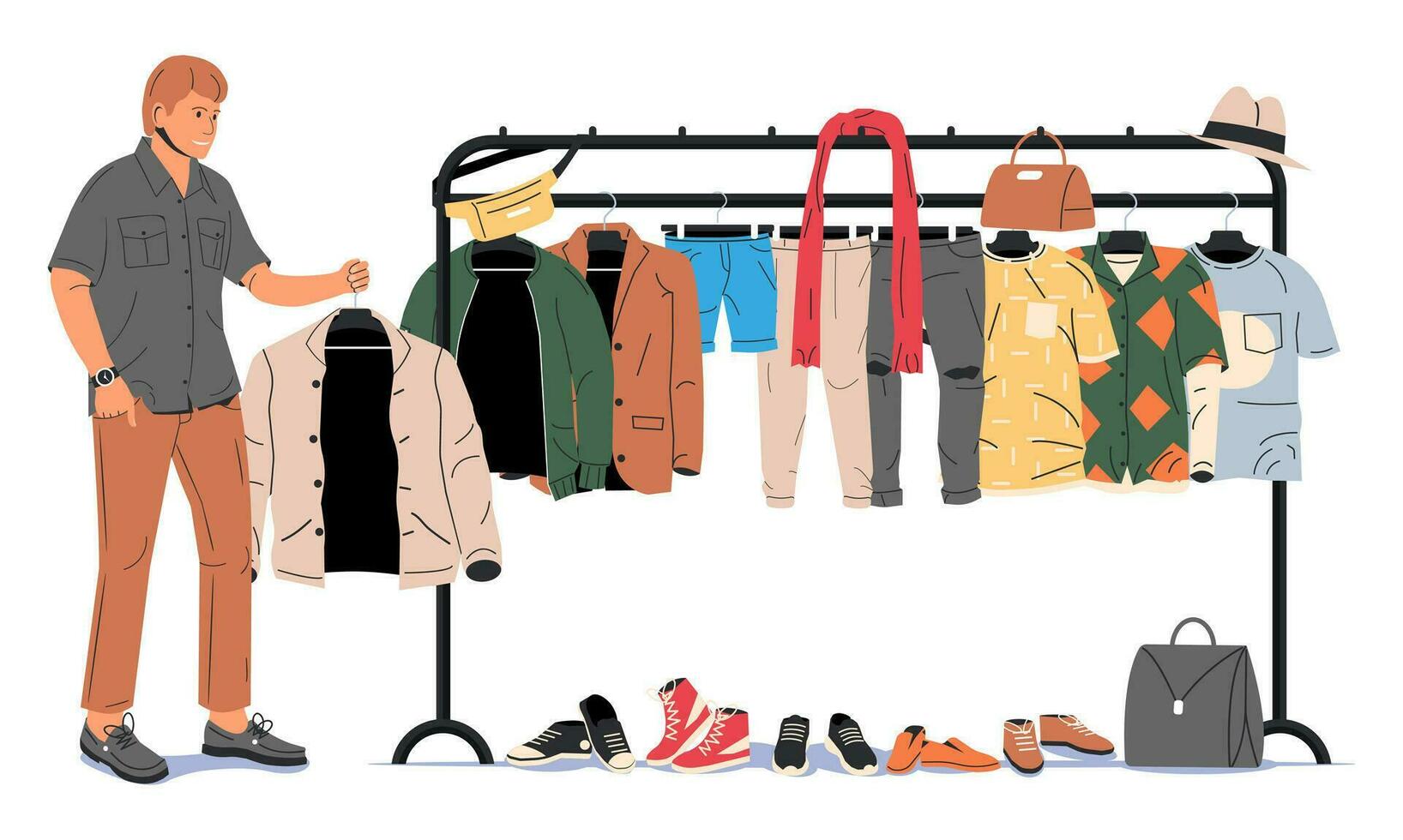 Abiti e Accessori sospeso su appendiabiti. casa o negozio armadio. Abiti e Accessori. vario sospeso vestiario. giacca, camicia, jeans, pantaloni, borse, scarpe e cappelli. cartone animato piatto vettore illustrazione