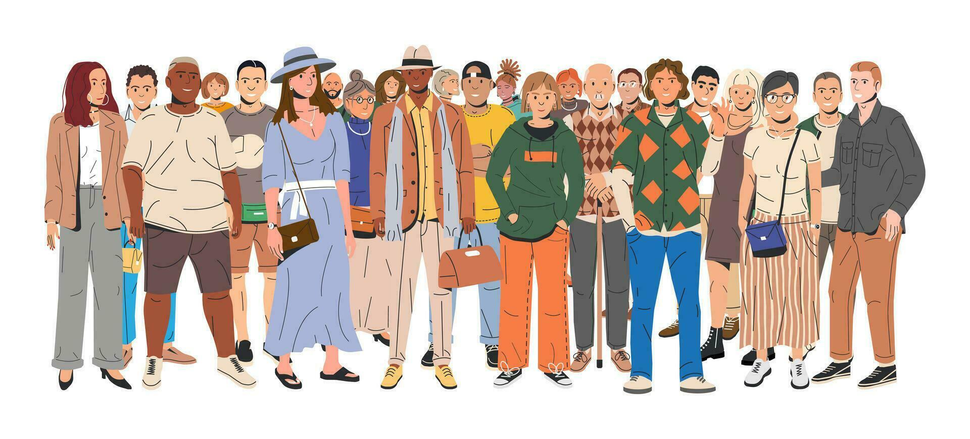 diverso multiculturale e multirazziale persone gruppo. uomo e donna nel di moda attrezzatura in piedi insieme. persone con diverso acconciature e etnie nel casuale Abiti. piatto vettore illustrazione