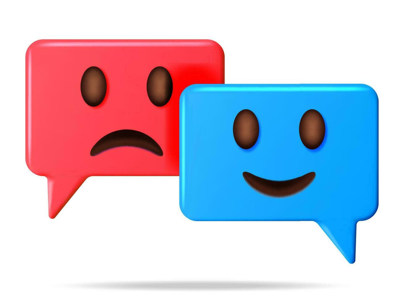 3d contento e triste emoticon su discorso bolla isolato. rendere sorridente e infelice emoji. contento e triste Sorridi viso. comunicazione, ragnatela, sociale Rete media, App pulsante. realistico vettore illustrazione