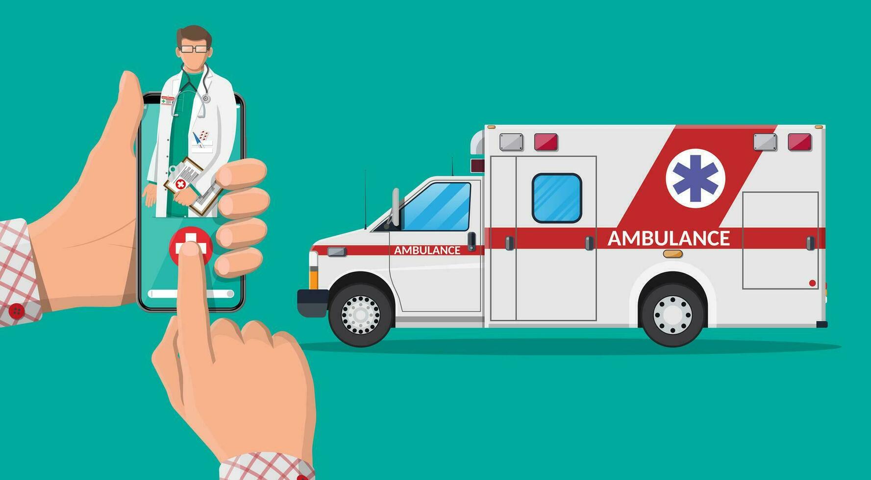 chiamata ambulanza auto attraverso mobile Telefono. emergenza clinica veicolo. smartphone con medico e medico furgone. assistenza sanitaria, ospedale e medico diagnostica. urgenza Servizi. piatto vettore illustrazione