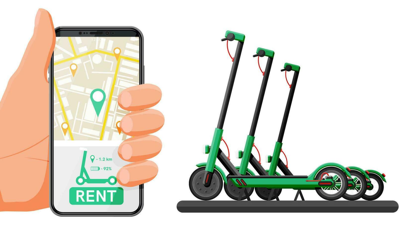 Noleggio elettrico scooter concetto. mano con smartphone e calcio scooter. affitto di scooter servizio, noleggio condivisione app. moderno urbano trasporto. cartone animato piatto vettore illustrazione