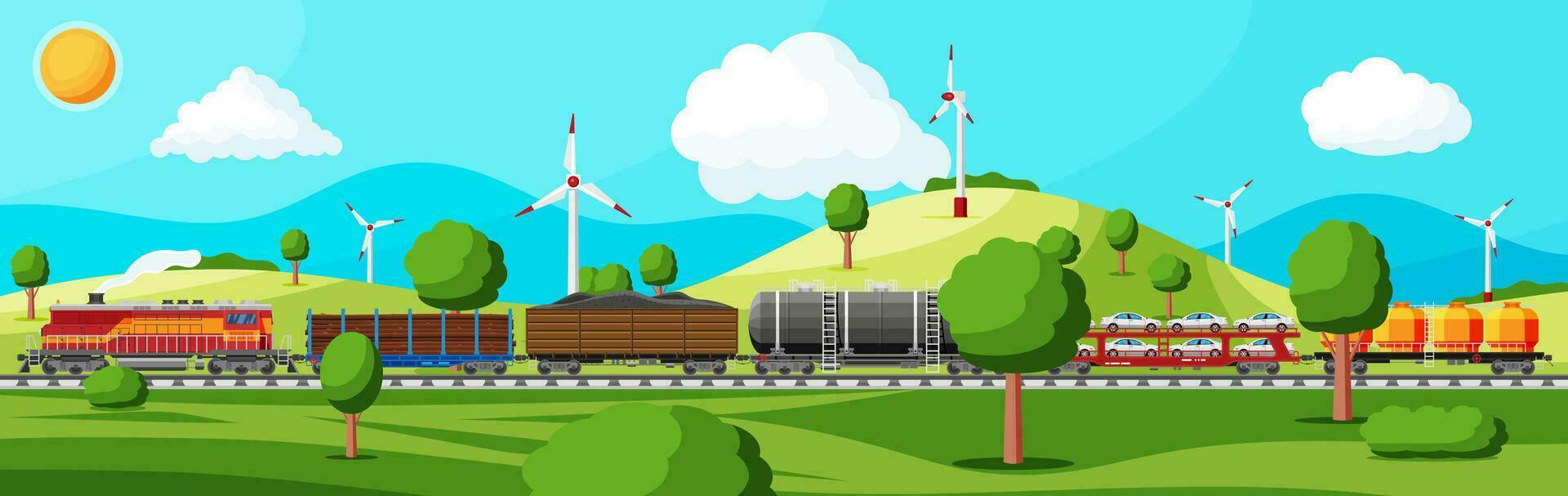 treno con carico carri, cisterne, carri armati e macchine. Ferrovia nolo collezione. natura paesaggio con alberi, colline, foresta, vento turbina e nuvole. carico rotaia trasporto. piatto vettore illustrazione