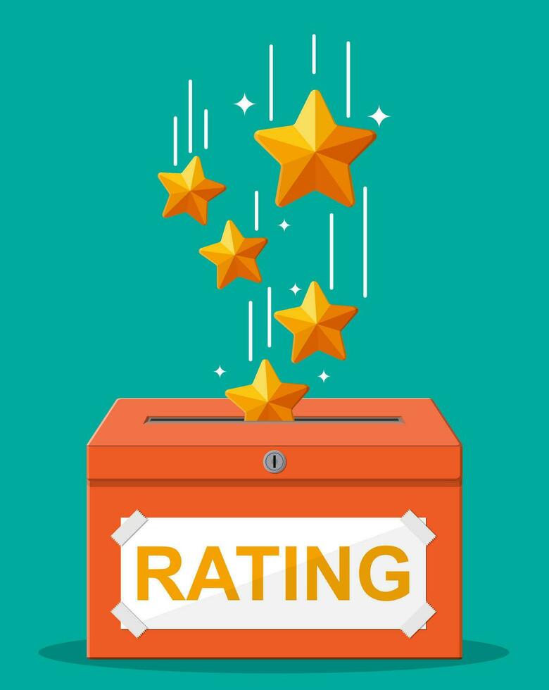 valutazione scatola. recensioni cinque stelle. testimonianze, valutazione, feedback, indagine, qualità e revisione. vettore illustrazione nel piatto stile