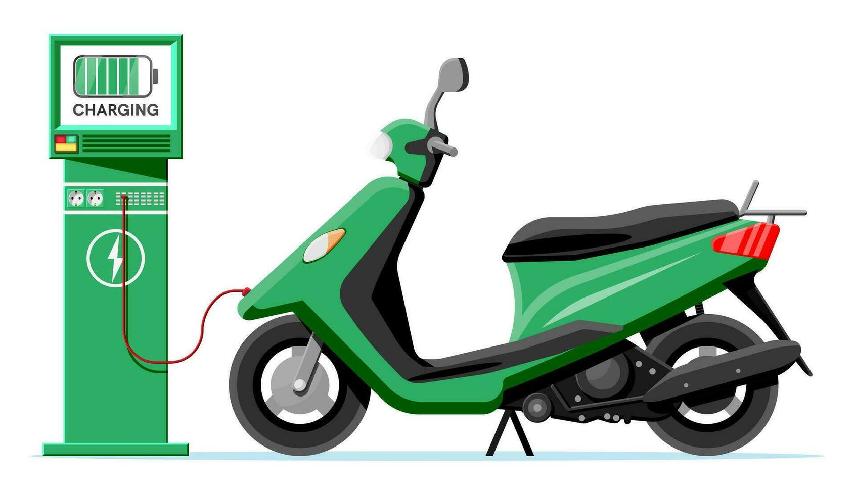 elettrico scooter e ricarica stazione isolato. verde moderno scooter ricarica batterie. motocicletta e caricare stazione con schermo. eco città trasporto concetto. cartone animato piatto vettore illustrazione.
