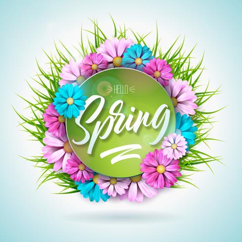 Progettazione della natura della primavera con il bello fiore variopinto sul fondo dell&#39;erba verde vettore