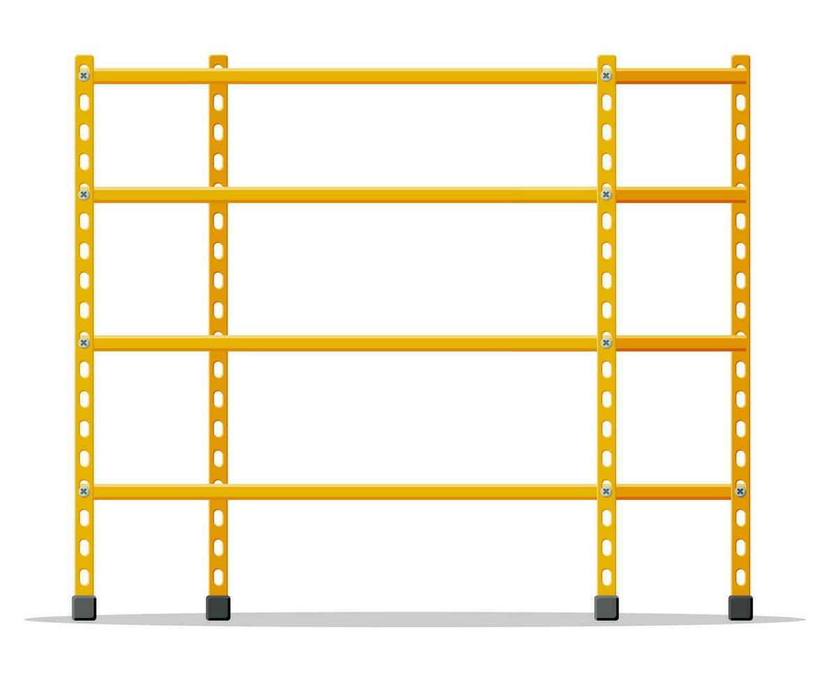 metallo giallo in piedi cremagliera. vuoto metallico Conservazione scaffali isolato su bianca. magazzino attrezzatura e Strumenti. logistica e consegna, memorizzare interno parti. cartone animato piatto vettore illustrazione