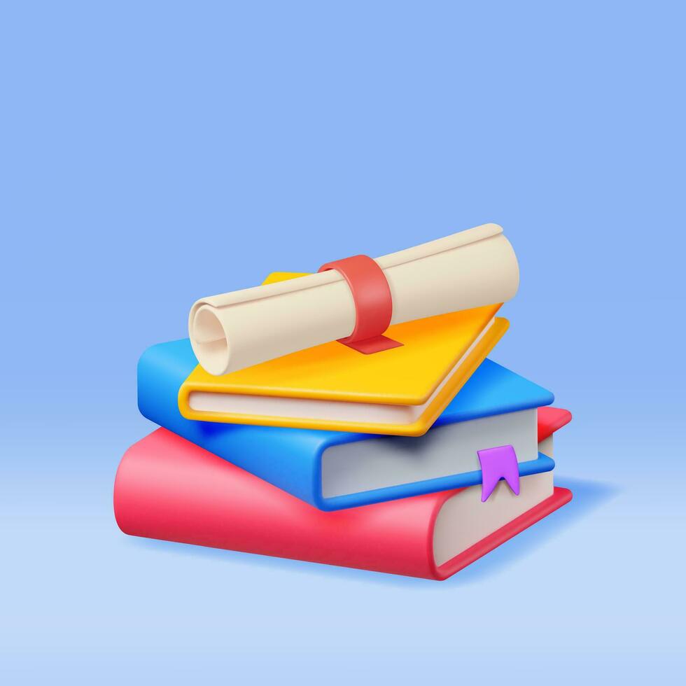 3d la laurea diploma e pila di libri isolato. rendere la laurea certificato scorrere e manuale. formazione scolastica simbolo. indietro per scuola. formazione scolastica, grado cerimonia concetto. vettore illustrazione