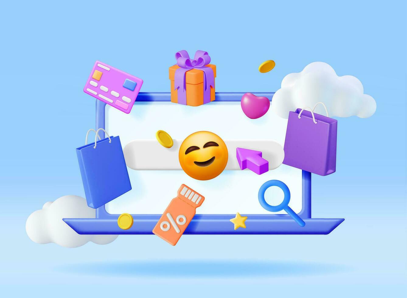 3d in linea shopping concetto. rendere computer con shopping simboli. Borsa, banca carta, i soldi, regalo scatola e sconto voucher; tagliando o vendita buono. in linea negozio, pagamento e consegna. vettore illustrazione