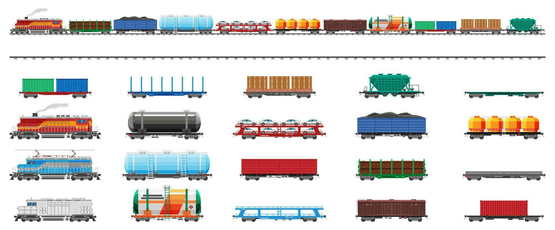 impostato di treno carico carri, cisterne, carri armati e macchine. Ferrovia nolo collezione. pianale, vagone merci, auto carrozza. industriale carrozze, lato Visualizza. carico rotaia trasporto. piatto vettore illustrazione