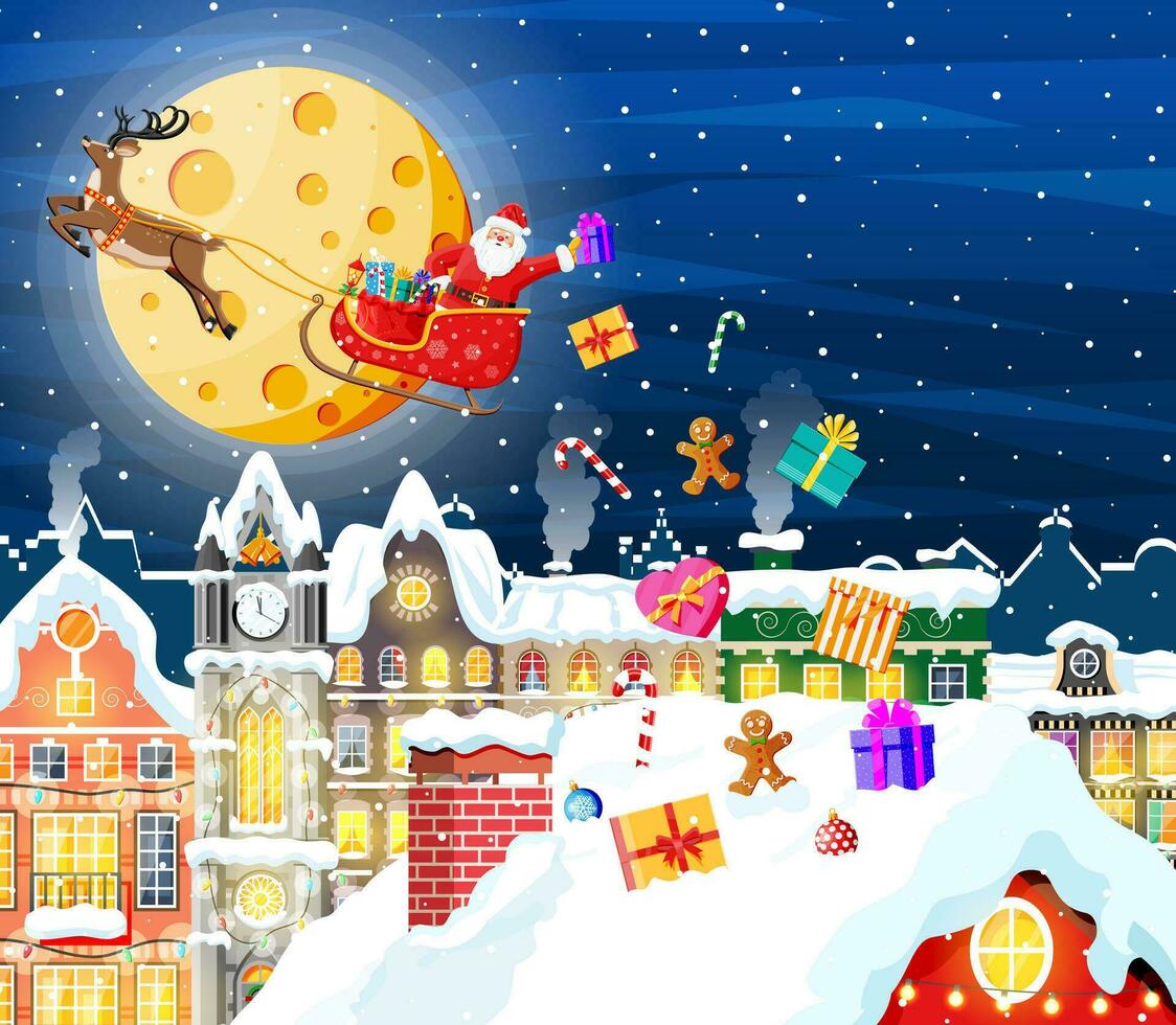 Natale carta con urbano paesaggio e nevicata. paesaggio urbano con colorato case con neve nel notte. inverno accogliente cittadina città panorama. nuovo anno Natale natale striscione. piatto vettore illustrazione