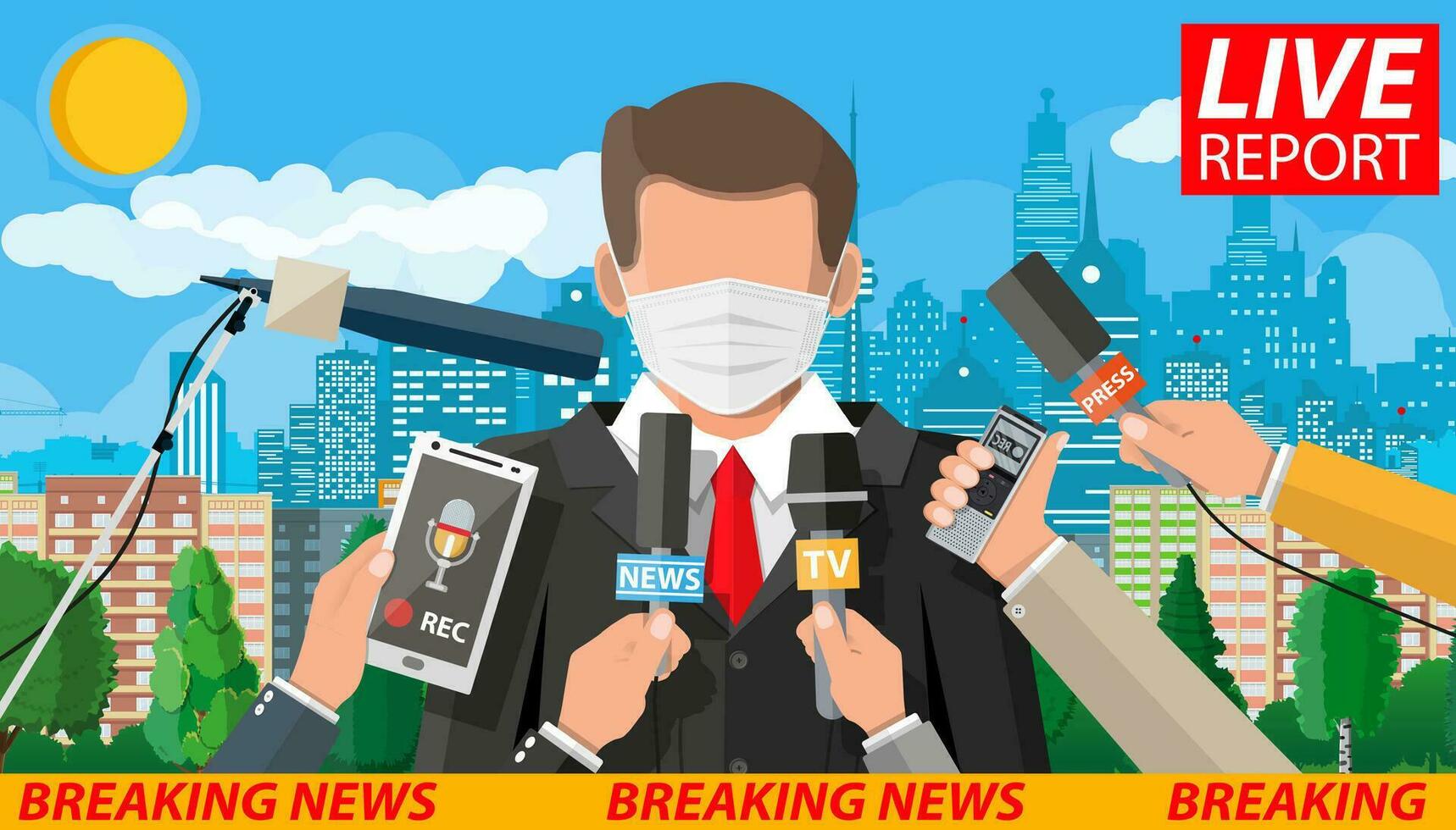 tv notizia anchorman nel maschera legge mondo notizia di covid-19 coronavirus ncov. principale notizia lettore su televisione programma. media, giornalismo e stampa. piatto vettore illustrazione