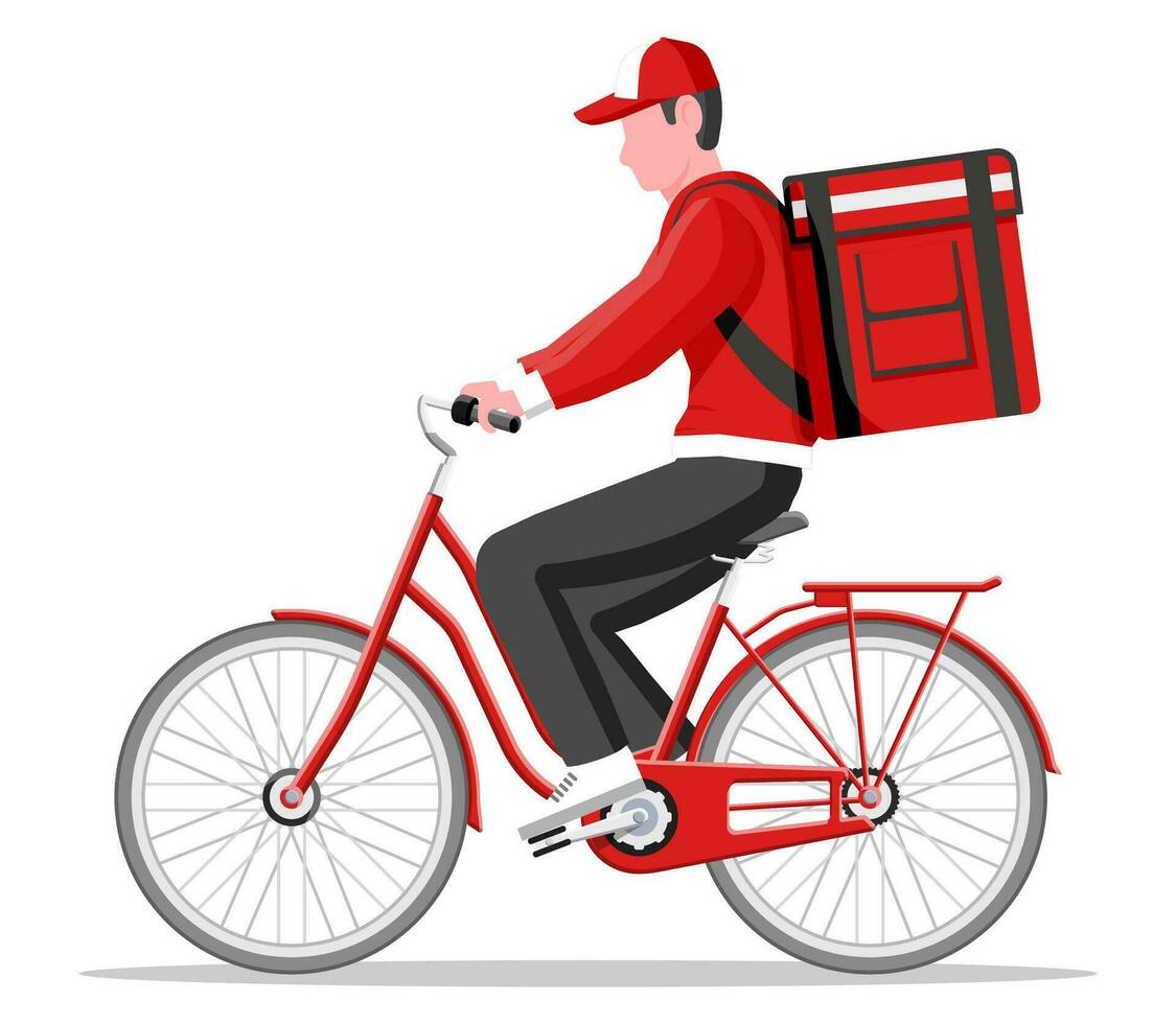 consegna uomo equitazione bicicletta con il scatola. concetto di veloce consegna nel il città. maschio Corriere con pacco scatola su il suo indietro con merce e prodotti. cartone animato piatto vettore illustrazione