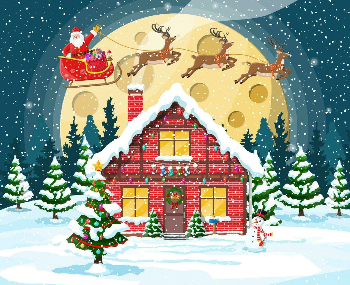 suburbano Casa coperto neve. edificio nel vacanza ornamento. Natale paesaggio albero, pupazzo di neve, Santa slitta renne. nuovo anno decorazione. allegro Natale vacanza natale celebrazione. vettore illustrazione