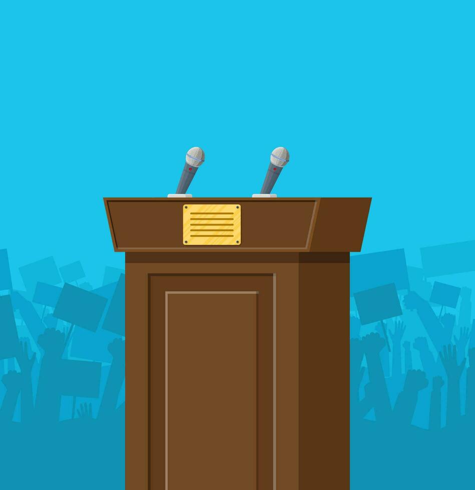 Marrone di legno rostro con microfoni per presentazione. In piedi, podio per conferenze, lezioni o dibattiti. silhouette di folla, manifestanti, protesta. vettore illustrazione nel piatto stile