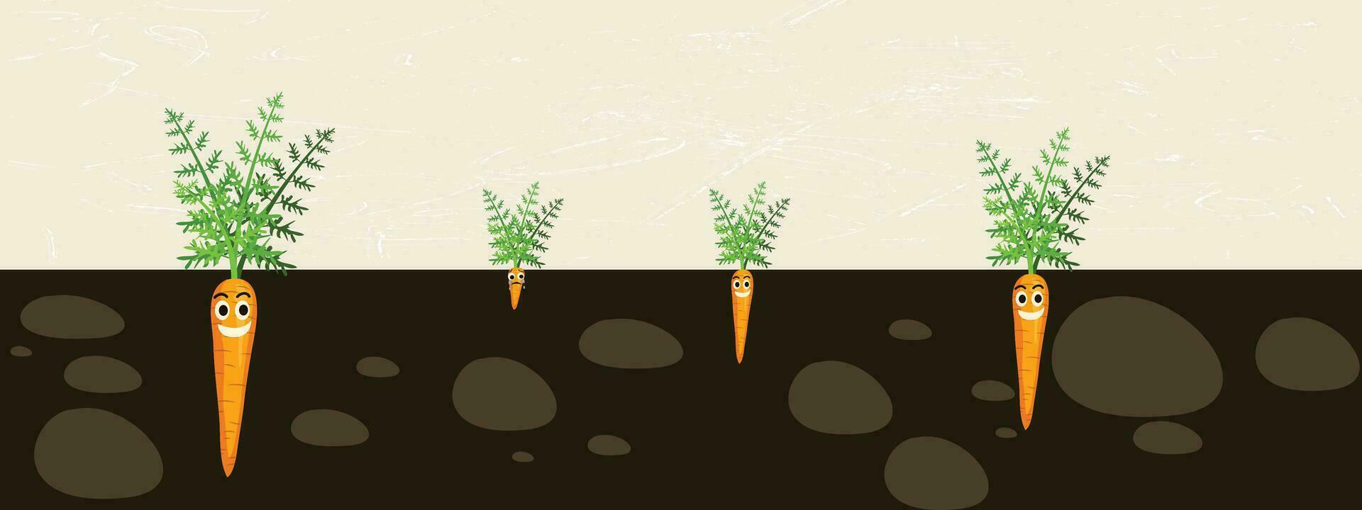 impostato di icone di carino cartone animato carote incorporato nel il terra. isolato su giallo sfondo vettore illustrazione.