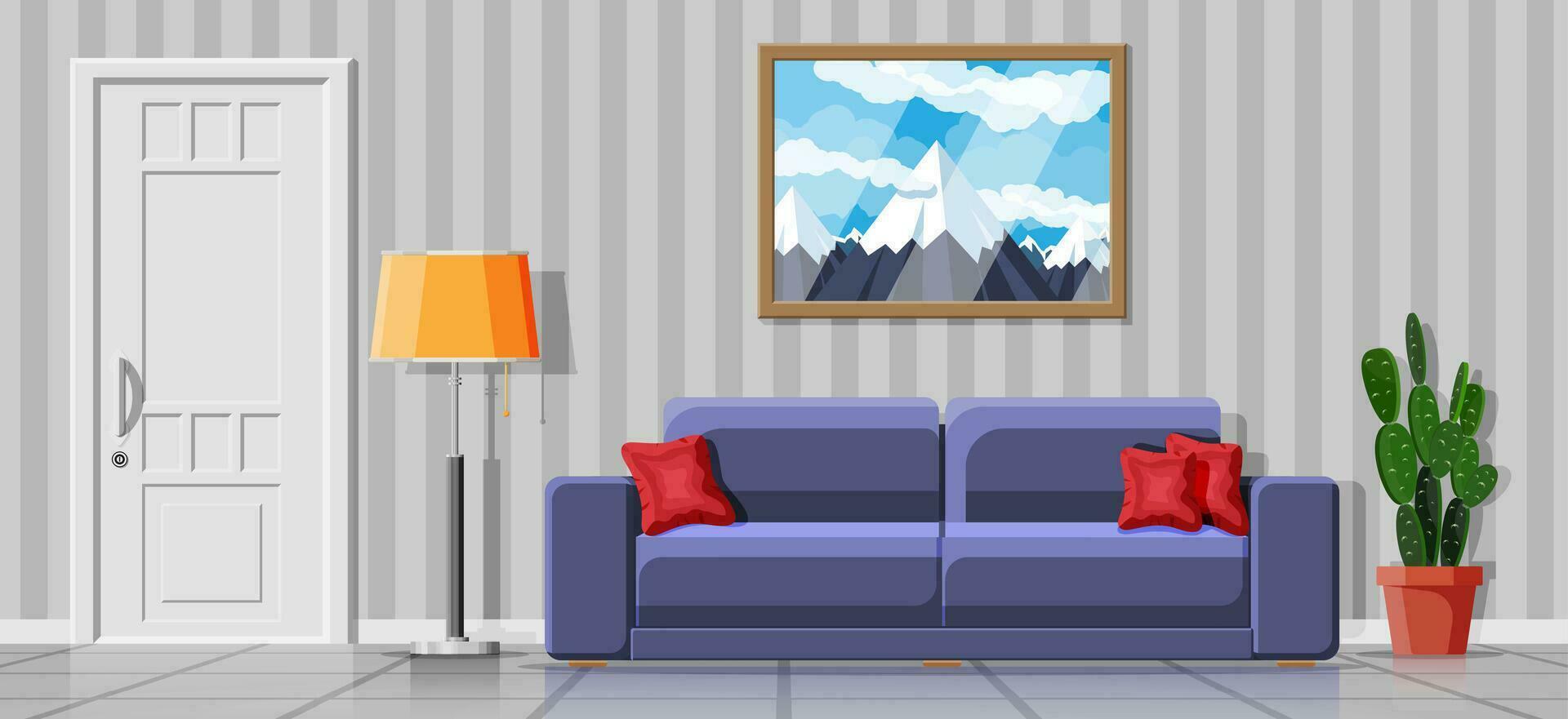 interno di moderno vivente camera. divano, pianta, immagine di montagna, lampada e porta. casa arredamento. interno per rilassare e opera. dentro di Casa. cartone animato piatto vettore illustrazione