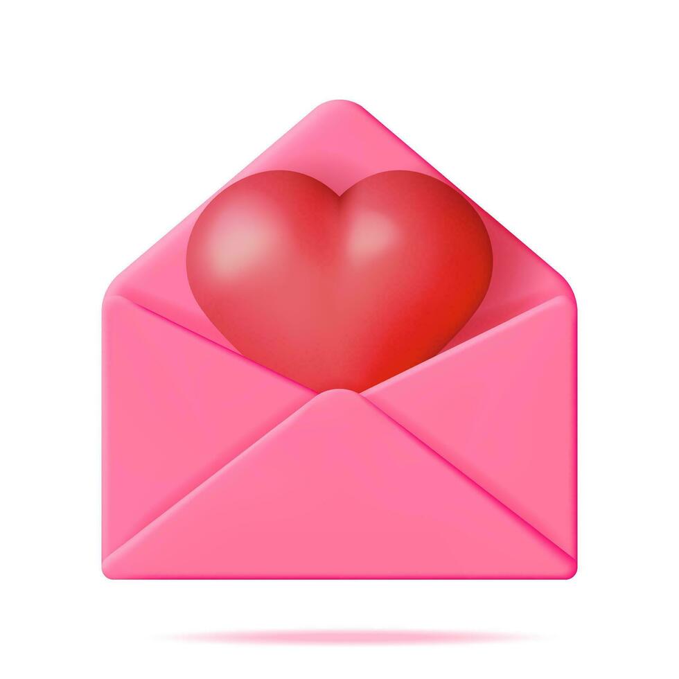 3d Aperto Busta lettera con rosso cuore isolato. rendere rosa posta con cuore dentro. amore simbolo. romanza, passione, nozze, San Valentino giorno celebrazione decorazione carta. realistico vettore illustrazione