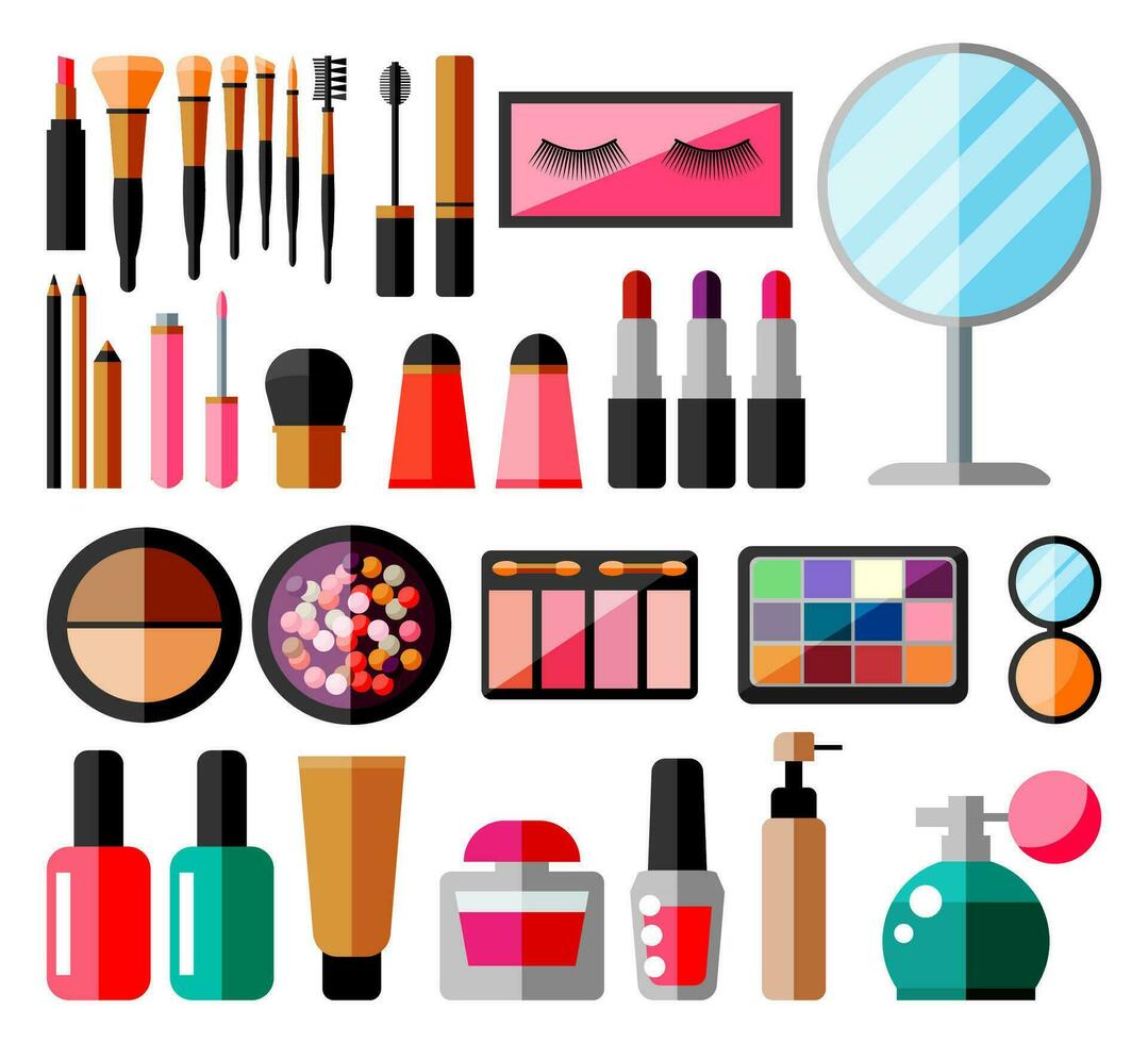 trucco collezione. impostato di decorativo cosmetici. trucco negozio. vario spazzole, profumo, mascara, lucentezza, polvere, rossetto e arrossire. bellezza e moda. cartone animato piatto vettore illustrazione