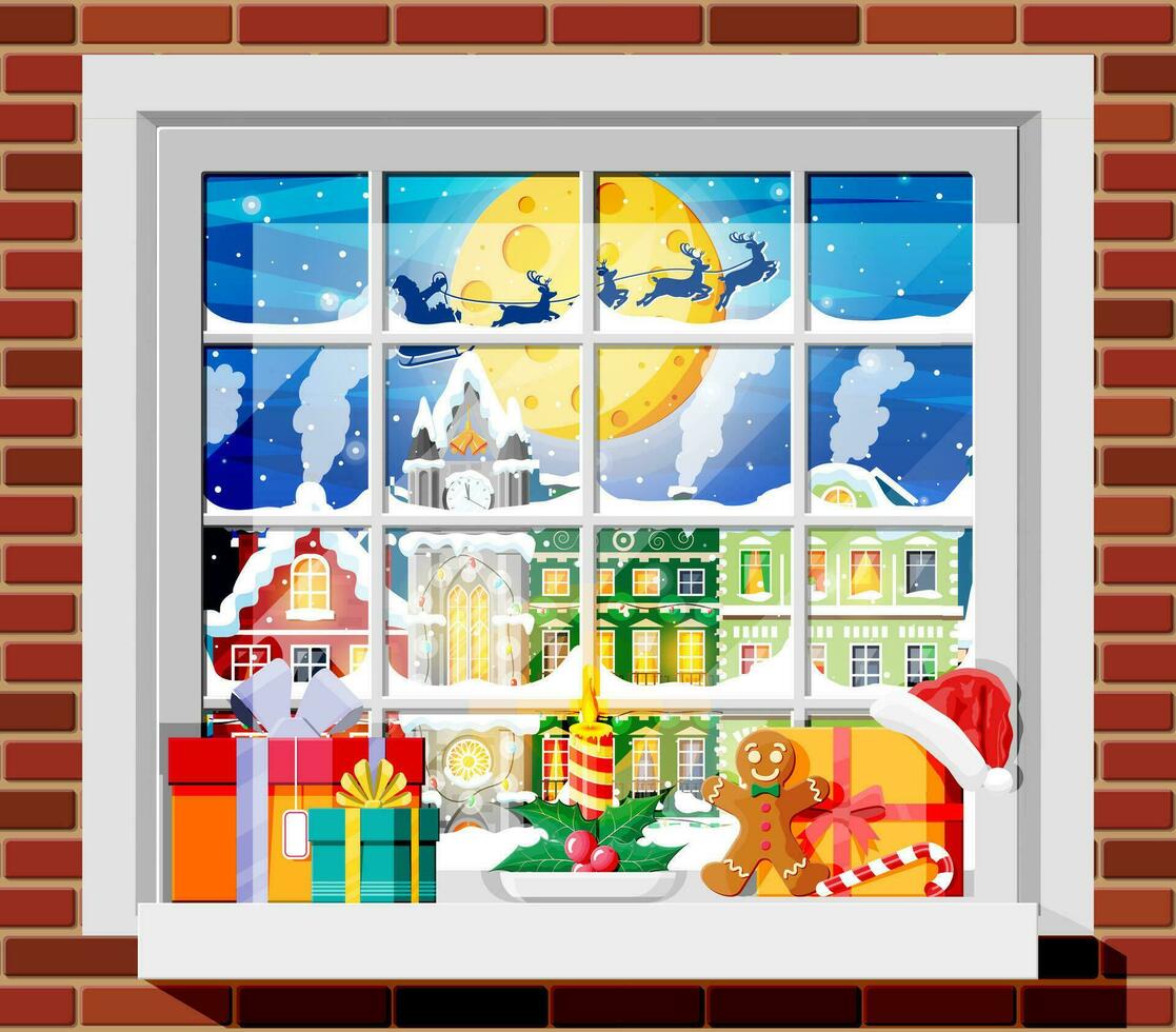 accogliente interno di camera con finestra. contento nuovo anno decorazione. allegro Natale vacanza. nuovo anno e natale celebrazione. inverno paesaggio, albero, neve, cittadina. cartone animato piatto vettore illustrazione.