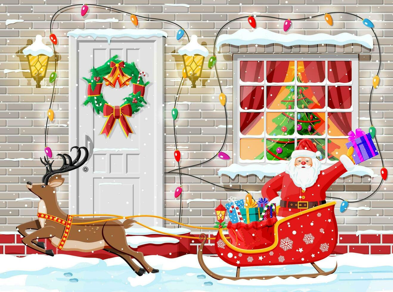 Natale porta decorazione. Santa Claus nel gioco di prestigio con cervo. Ingresso per suburbano Casa decorato con ghirlanda ghirlanda luci. vacanza saluti. nuovo anno e natale celebrazione. piatto vettore illustrazione