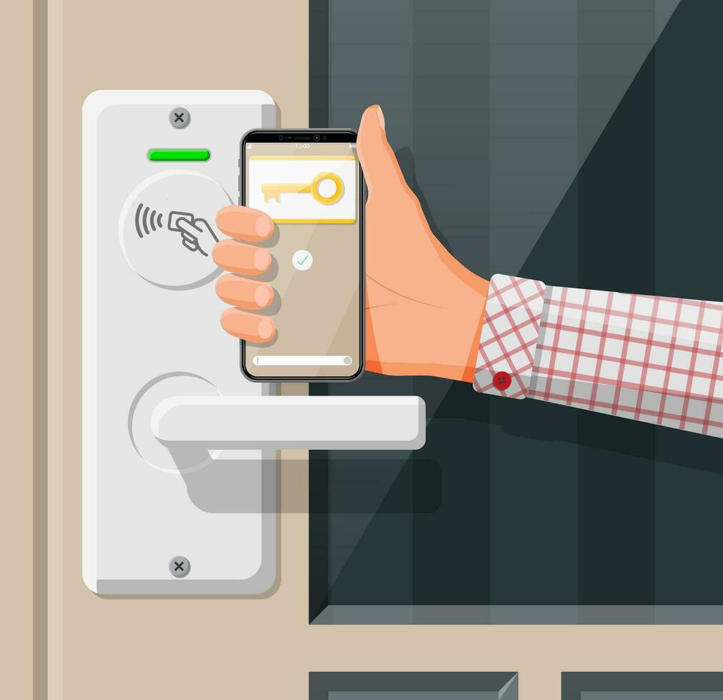 elettronico serratura sicurezza dispositivo a ufficio o casa porta. mano con smartphone con id carta applicazione. accesso controllo macchina, tempo presenze. prossimità carta lettore. piatto vettore illustrazione