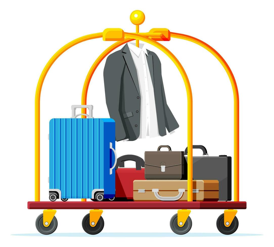 Hotel bagaglio carrello con valigetta, completo da uomo e valigia. Hotel Bagaglio carrello pieno di borse isolato. handtruck per mezzi di trasporto nel Hotel o aeroporto. vacanza e viaggio. piatto vettore illustrazione