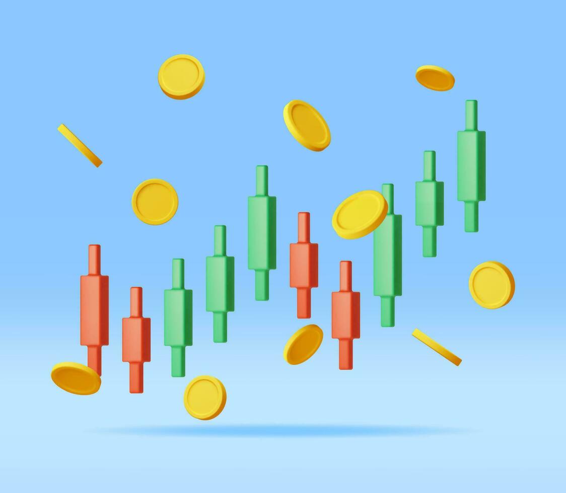 3d crescita azione diagramma con d'oro monete. rendere azione candela con i soldi Spettacoli crescita o successo. finanziario elemento, attività commerciale investimento, finanziario mercato commercio. i soldi e bancario. vettore illustrazione