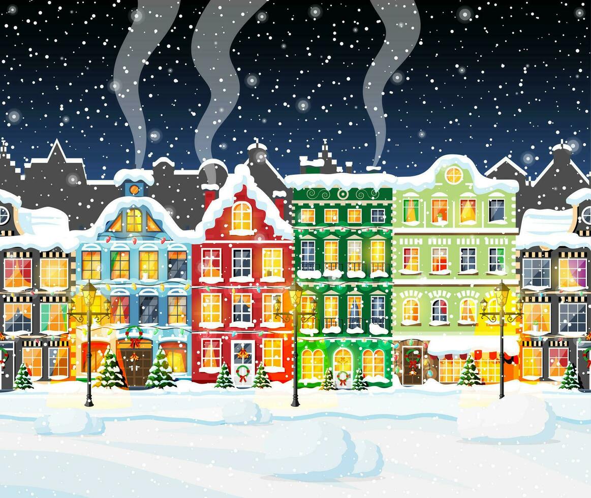 Natale carta con urbano paesaggio e nevicata. paesaggio urbano con colorato case con neve nel notte. inverno villaggio, accogliente cittadina città panorama. nuovo anno Natale natale striscione. piatto vettore illustrazione