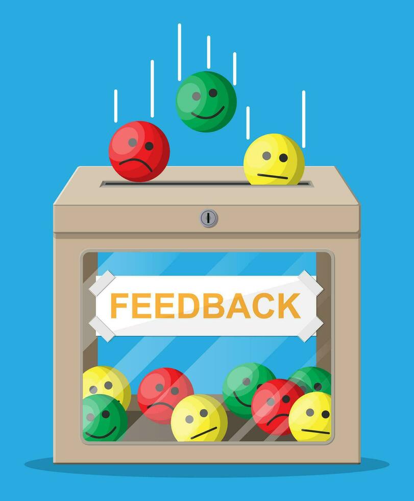 valutazione scatola. recensioni sorrisi facce. testimonianze, valutazione, feedback, indagine, qualità e revisione. vettore illustrazione nel piatto stile