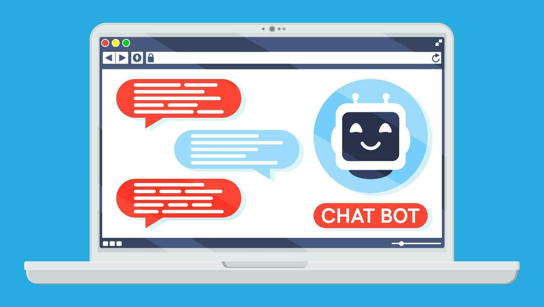 il computer portatile con Chiacchierare Bot parlare nel bolla su schermo. robot con discorso finestra. chatbot saluta. in linea supporto bot. artificiale intelligenza, ai aiutante servizio e supporto assistente. piatto vettore illustrazione