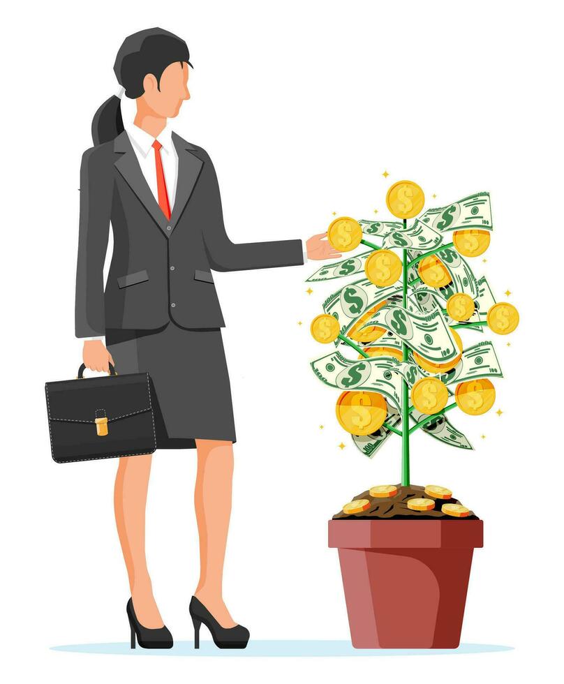 donna d'affari raccolti a partire dal i soldi moneta albero. in crescita i soldi albero. investimento, investire. oro monete e dollaro banconote su rami. simbolo di ricchezza. attività commerciale successo. piatto vettore illustrazione.