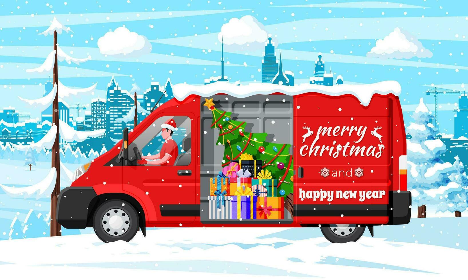 Natale consegna furgone camion nel cittadina. consegna uomo nel Santa Claus cappello. contento nuovo anno decorazione. allegro Natale vacanza. città coperto neve. nuovo anno e natale celebrazione. piatto vettore illustrazione