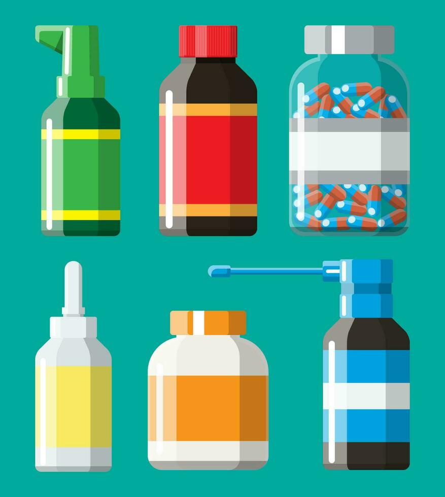 medicina collezione. impostato di bottiglie, compresse, pillole, capsule e spray per malattia e dolore trattamento. medico droga, vitamina, antibiotico. assistenza sanitaria e farmacia. vettore illustrazione nel piatto stile