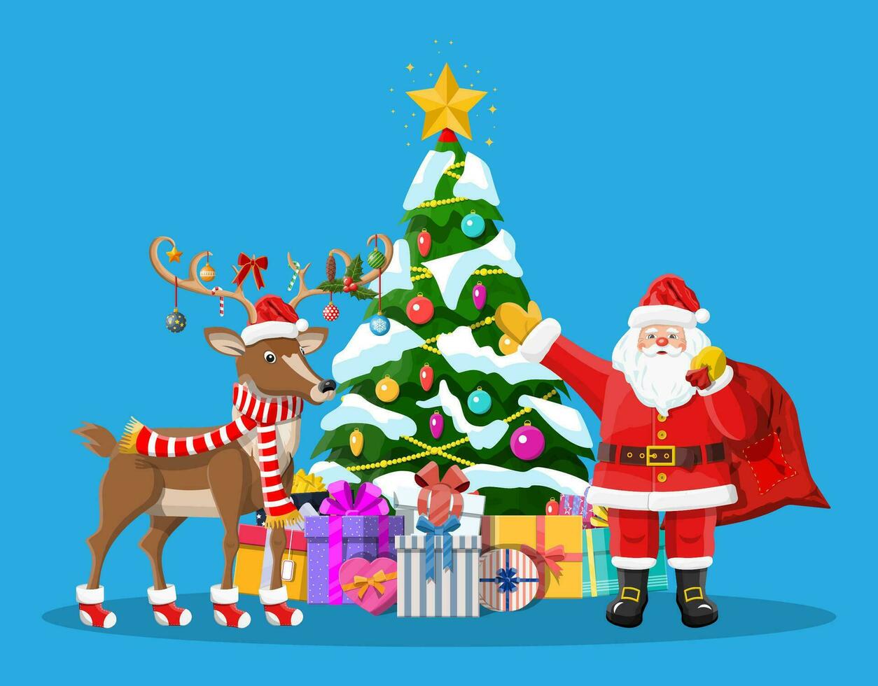Santa Claus con Borsa pieno di i regali e il suo renna. contento nuovo anno decorazione. allegro Natale vacanza. decorato abete albero con regalo scatole. nuovo anno e natale celebrazione. piatto vettore illustrazione