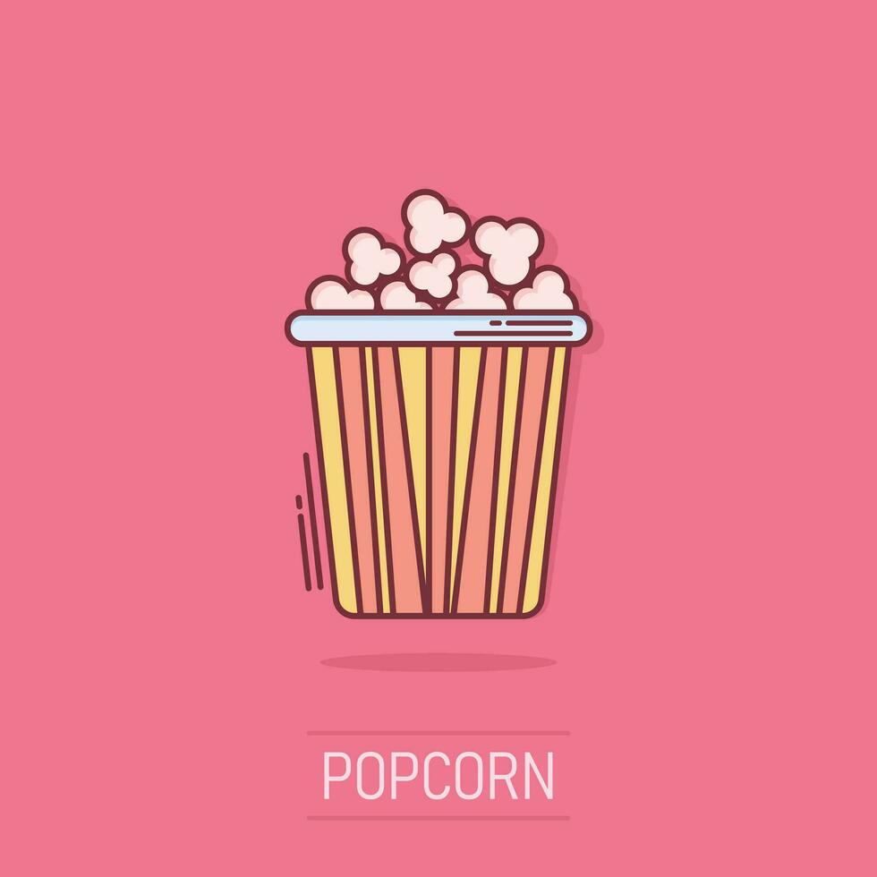 Popcorn vettore icona nel comico stile. cinema cibo illustrazione su bianca sfondo. Popcorn cartello spruzzo effetto concetto.