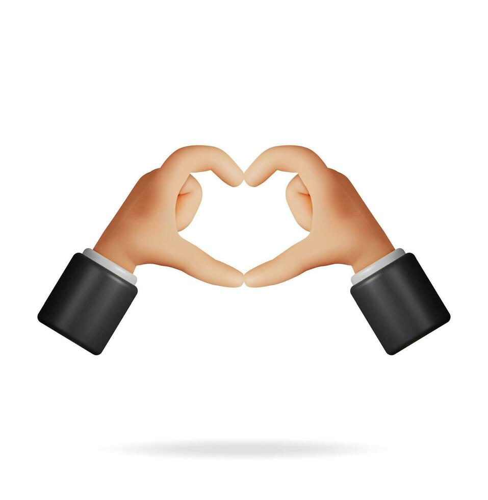 3d cuore e amore mano gesto simbolo isolato. rendere stilizzato cartone animato mani Tenere cuore cartello. sociale media risposta realistico icona. vettore illustrazione