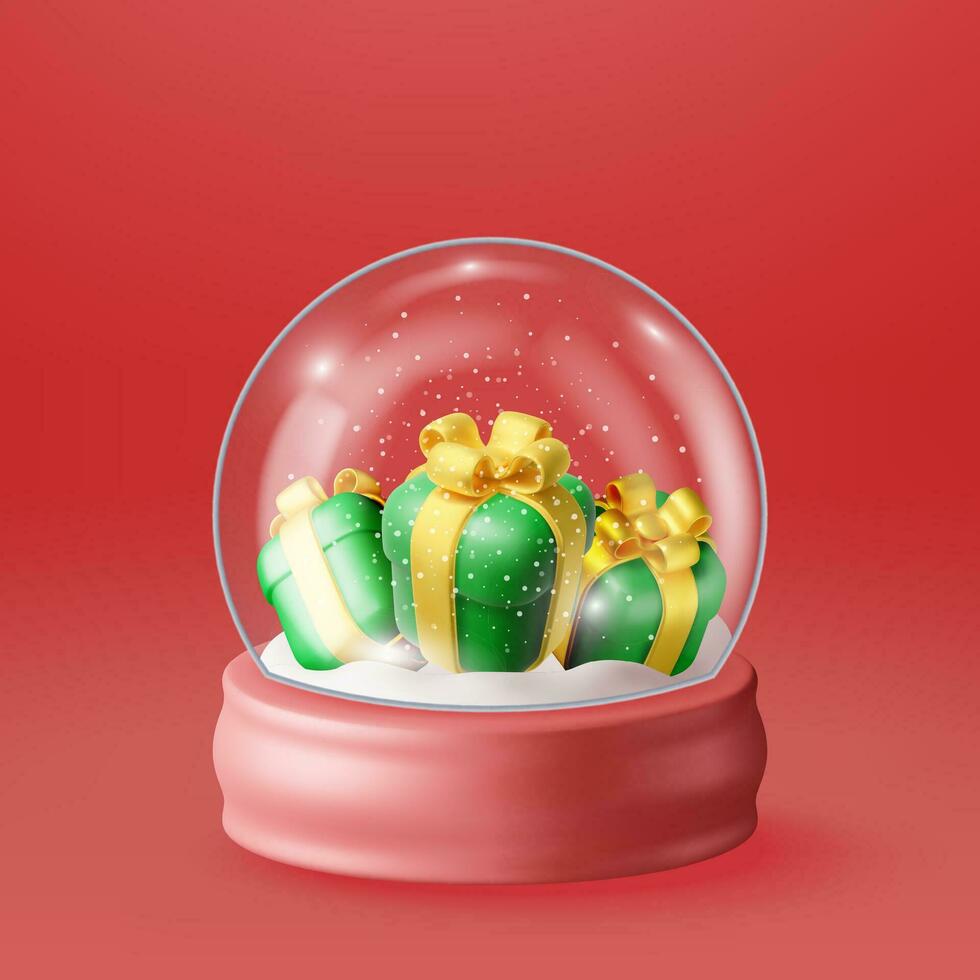 3d bicchiere Natale neve globo con regalo scatole isolato. rendere sfera podio con regali. nuovo anno decorazione. allegro Natale vacanza. natale celebrazione. realistico vettore illustrazione