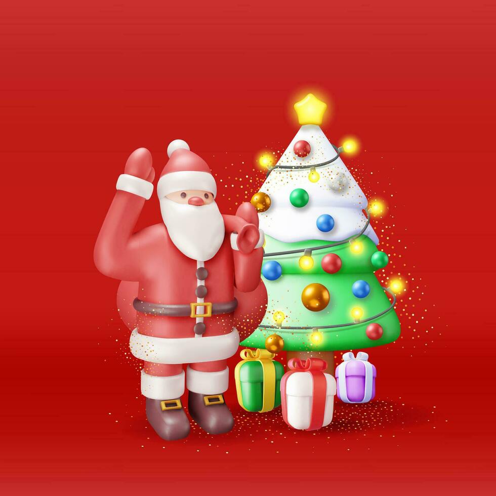 3d Santa Claus con regalo Borsa e Natale albero. rendere contento nuovo anno decorazione. allegro Natale vacanza. nuovo anno e natale celebrazione. realistico vettore illustrazione