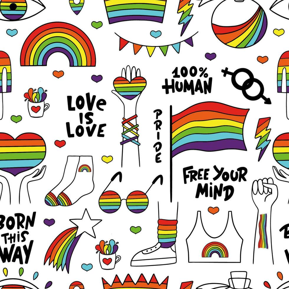 LGBTQ senza soluzione di continuità modello con bandiera, mani, cuori, stella, arcobaleno, frasi. vettore
