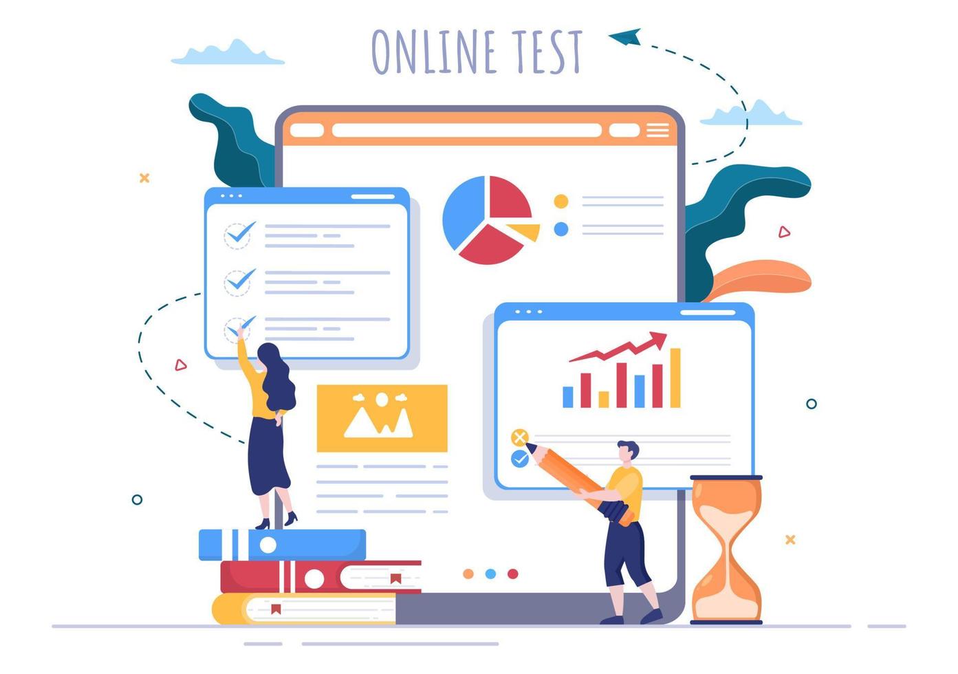 sfondo di test online illustrazione vettoriale con lista di controllo, esame, scelta di risposta, modulo, e-learning e concetto di istruzione