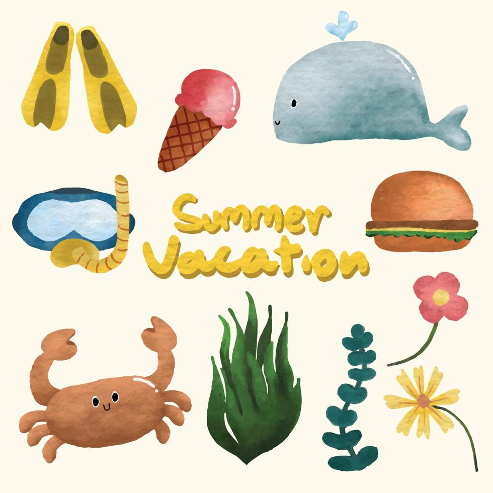 set di decorazioni per le vacanze dipinte ad acquerello, clipart estive. disegnato a mano isolato su sfondo bianco vettore