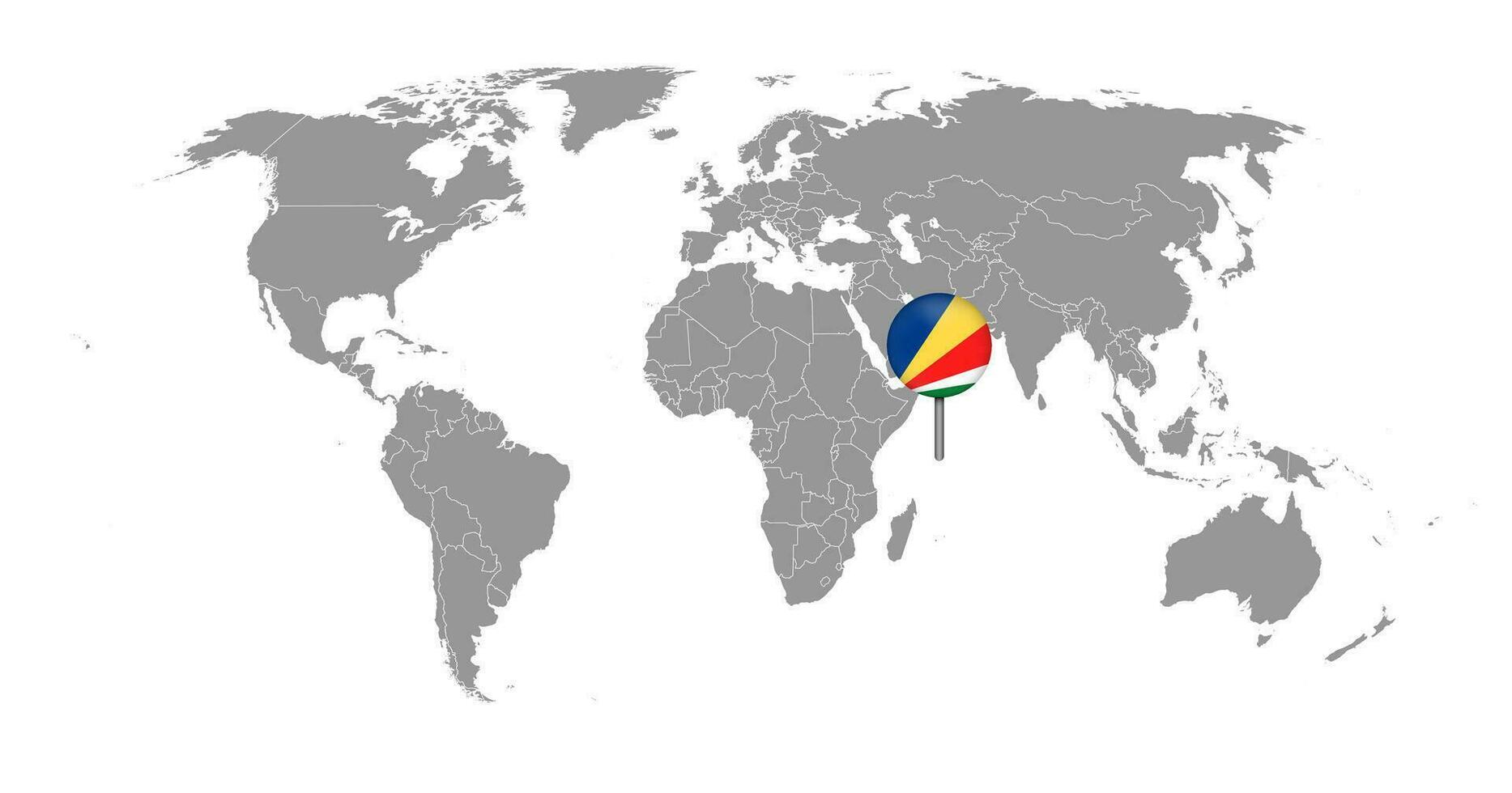 mappa pin con bandiera seychelles sulla mappa del mondo. illustrazione vettoriale. vettore