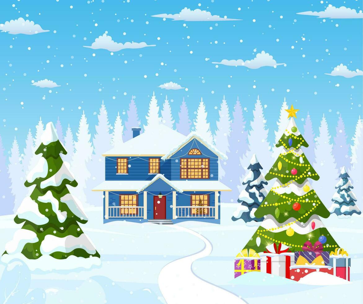 suburbano Casa coperto neve. edificio nel vacanza ornamento. Natale paesaggio albero abete rosso. contento nuovo anno decorazione. allegro Natale vacanza. nuovo anno natale celebrazione. vettore illustrazione