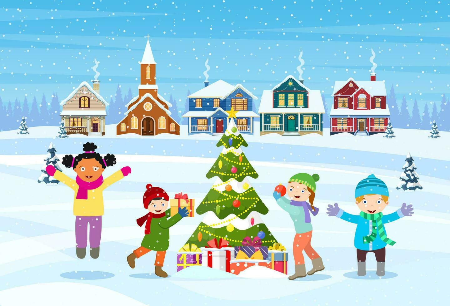 contento nuovo anno e allegro Natale saluto carta. Natale paesaggio. bambini decorazione un' Natale albero. inverno vacanze. vettore illustrazione nel piatto stile
